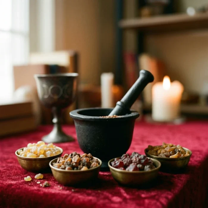 Räucherworkshop Staubmagie Ausstattung auf einem roten Altartuch